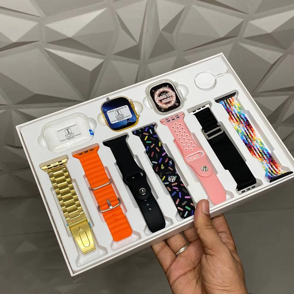 10 in 1 Set Ultra 2 Smart Bluetooth Calling Smart watch + Earphones with Transparent Screen Guard Watch with Seven Classic Straps (Mix Color)